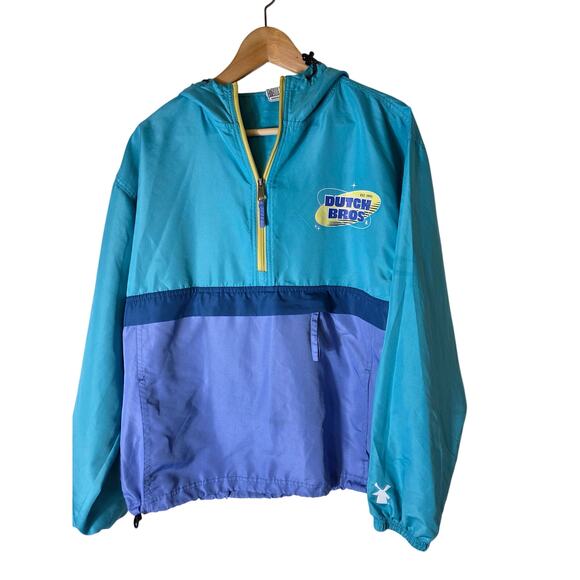 DUTCH BROS Coffee Teal Purple Half Zip Active Pockets Windbreaker Jacket SZ M - Picture 1 of 10